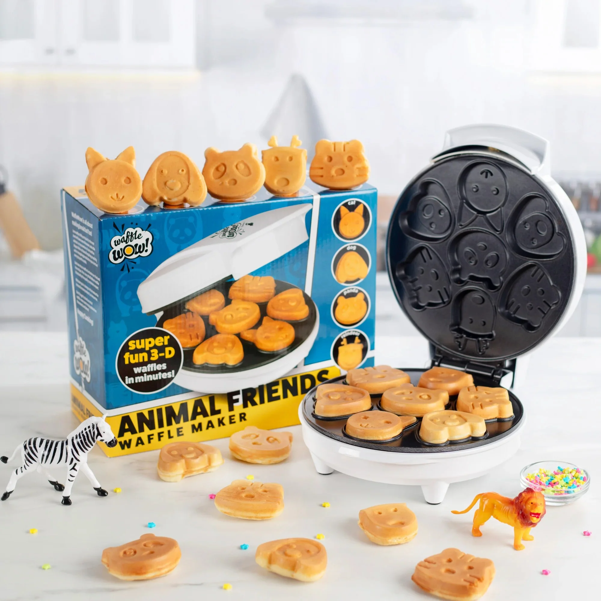 Waflera con moldes de animales de Animal Market. Prepara waffles en forma de tus animales favoritos con placas antiadherentes y un diseño compacto y fácil de usar. Ideal para desayunos y meriendas divertidos.