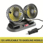 Ventilador portátil doble de 12V para carro con conexión a encendedor, ideal para autos a gasolina.