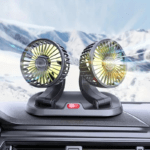 Ventilador portátil doble de 12V para carro con conexión a encendedor, ideal para autos a gasolina.