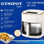 Air Fryer Gynipot de 4.5 litros con recipiente de vidrio giratorio, diseñada para cocinar de manera uniforme y saludable con tecnología de aire caliente.